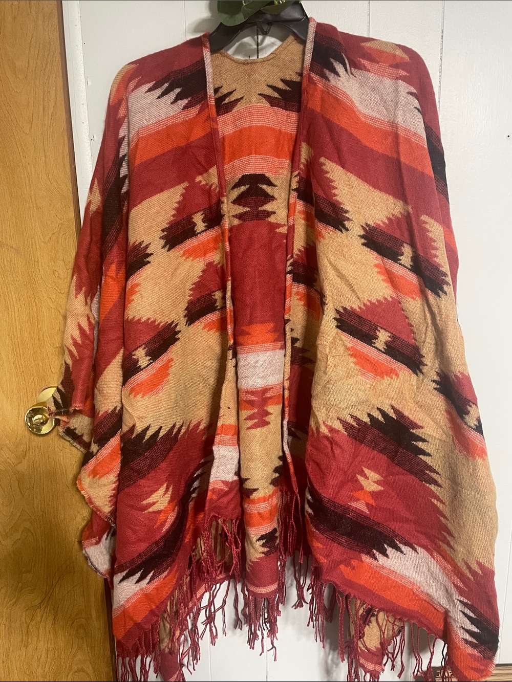 Women's Aztec Fringe Shawl Wrap in Red and Tan